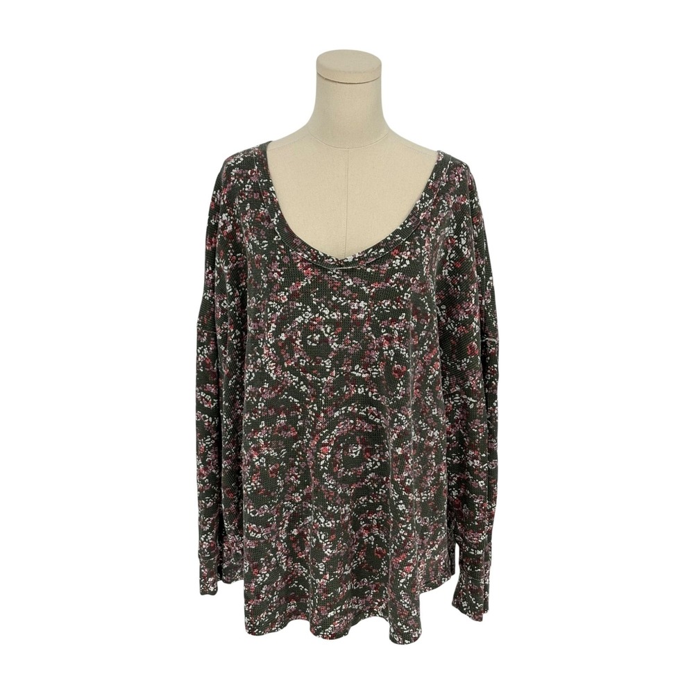 Woman Within Waffle Knit Thermal Top Olive Green Floral Plus Size 1X 22/24